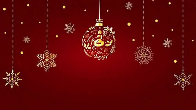 Video New Years 2025 banner with swinging golden christmas tree ornament with snake pine tree branches holly berry botanical elements. Hanging snowflakes on string on dark red background