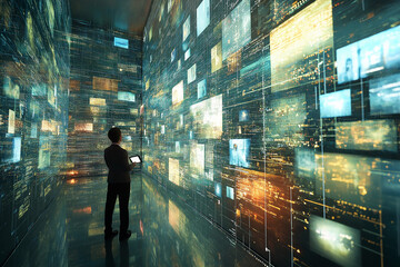 tiny computational images in a giant matrix and map technology infographic. Concept for the connected world through internet and datastreams. 