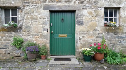 Charming Green Doorway with Flower Pots
