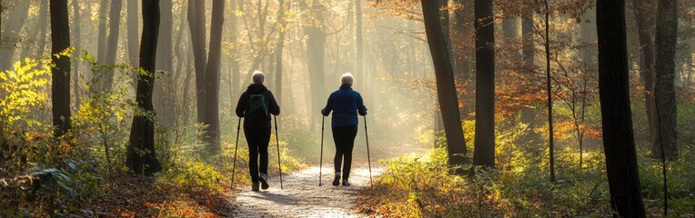 Older people doing Nordic walking exercises