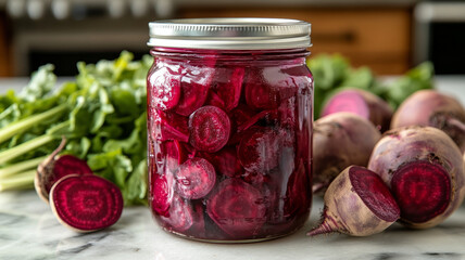 Jar of pickled beets with fresh beets on a counter.