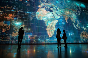 tiny computational images in a giant matrix and map technology infographic. Concept for the connected world through internet and datastreams. 