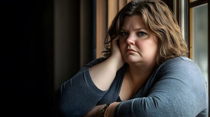Fototapeta premium Sad obese woman looks while standing by the window. 