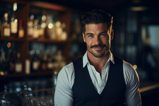 Classic bar pub with professional bartender barkeeper barman, Generative AI illustration photo