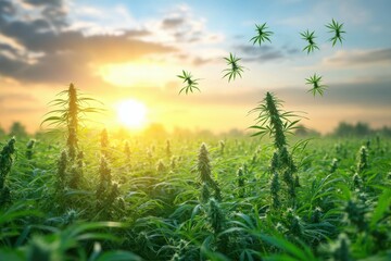 Green Leaf Growing. Cannabis field at sunrise with flying cannabis leaves, natural outdoor agriculture scene for farming, herbal medicine, wellness, and eco green environment background, sunny sky, f
