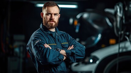 A confident mechanic in dark work attire stands with arms crossed, showcasing expertise in an automotive workshop environment.