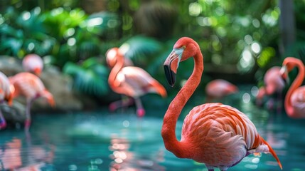 Fototapeta premium A serene image of pink flamingos in a pool, one stands out with distinct posture. Surrounded by exotic plants and stones, showcasing their social nature in a natural habitat.