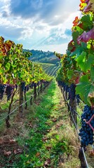 A serene vineyard on a hillside, rich with grapes at various stages of ripeness. Lush green vines, cloudy sky, hints of blue, and warm yellow light create a tranquil rural scene.
