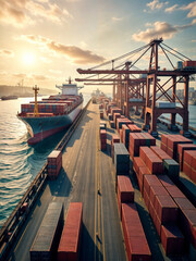 shipping dock cargo area during the day with containers being loaded onto ships