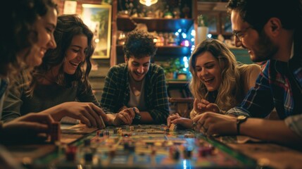 Fototapeta premium 6 friends enjoy a board game in a cozy pub setting with warm lighting and shelves filled with bottles. Casual and relaxed atmosphere with comfortable furniture.