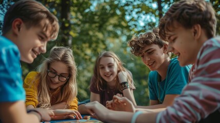 Five children play, laugh, and engage in a board game at a picnic table in a park setting. The image exudes joy and companionship, with a visible "31" indicating a game component.