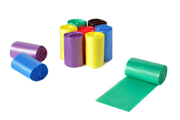 Many colorful plastic bags for cleaning up pet excrement during a walk, rolled up.