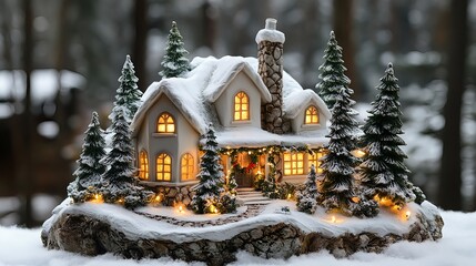 Naklejka premium The white Christmas house, adorned with lights and evergreen trees, is a resin sculptural artwork that serves as a beautiful Christmas decoration and an enchanting home decor piece