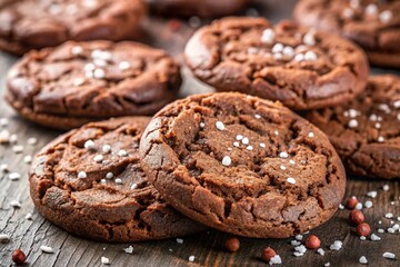 Fototapeta premium Rich Double Chocolate Cookies with a Twist of Salt Flakes in shallow depth of field