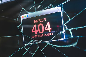 A broken screen displays a "404 Error: Page Not Found" message, indicating a website loading issue or missing content.