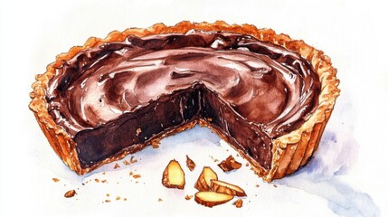 Hand-Painted Watercolor Chocolate Tart with Almond Pieces