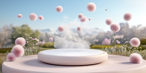 Floating pink spheres above a round platform in a serene outdoor setting with a clear sky and blurred greenery in the background.