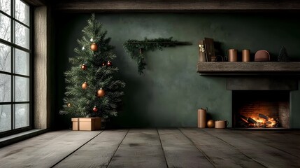 Sparkling glass ornaments adorning a lush green Christmas tree with a roaring fireplace casting a warm glow and a cozy gathering of loved ones celebrating the season in a winter cabin interior