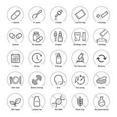 Versatile vector icon set for package medical design. Icon set is ideal for health projects, wellness and others. Editable stroke icons. EPS10.