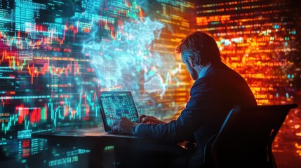 A focused individual analyzes digital data on a laptop, immersed in a colorful backdrop of graphics and charts representing financial information.