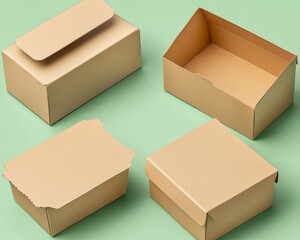 Four empty cardboard boxes in various configurations on a green background.