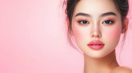 Fototapeta premium A close-up of a young woman with flawless skin, soft makeup, and a serene expression against a pastel pink background.