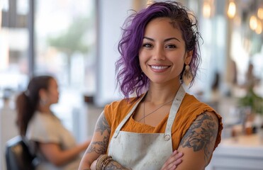 Confident female hairdresser with purple hair smiling in modern salon