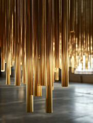 Gold metallic tubes hanging in an abstract installation.