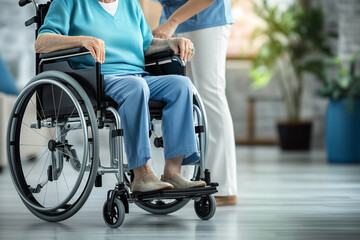 Obraz premium An elderly person sitting in a wheelchair with a caregiver, highlighting assistance and care for seniors with limited mobility