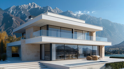 A modern villa. The front of the house is covered in light-colored tiles, with mountains and clear blue skies in the distance.