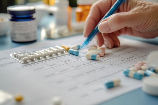 A hand preparing a week's worth of medication, with pills organized in a pill organizer for each day, assisting in medication adherence and health management
