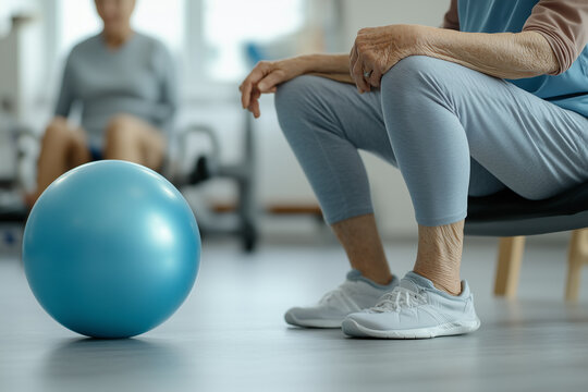 An elderly individual performing exercises with a stability ball, focusing on balance, core strength, and flexibility to promote overall fitness and well-being for seniors