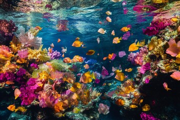 Fototapeta premium Vibrant underwater scene with colorful coral and lively fish. Experience the beauty of marine life in a stunning environment. Perfect for nature lovers. Generative AI