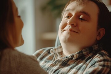 A caregiver providing assistance to an adult with Down syndrome, highlighting the importance of support and care in daily activities