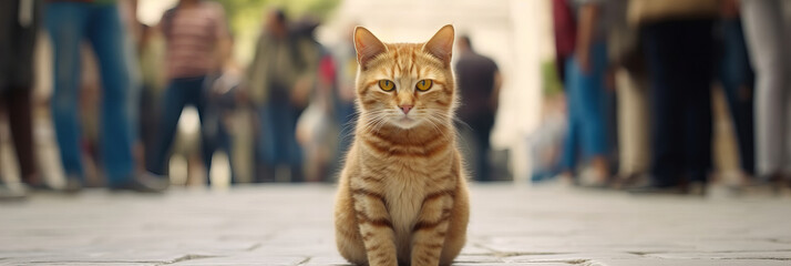 Obraz premium Feline Majesty Amidst Urban Crowd: Tranquil Ginger Essence, Independent Prowess Captured in an Intriguing Web Banner Narrative