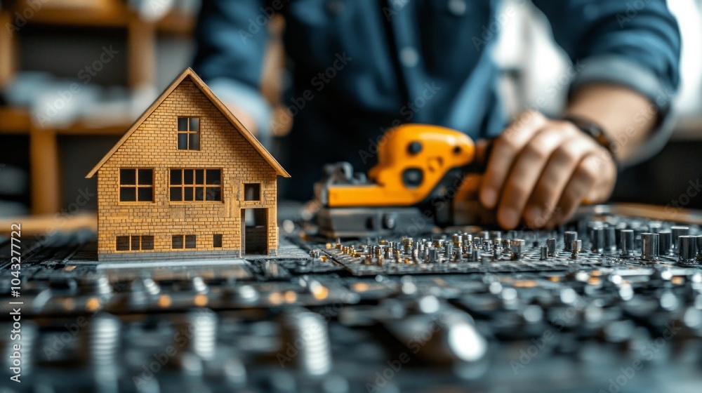 Poster a man is working on a model house with a tool. the house is made of wood and has a brick roof. the m