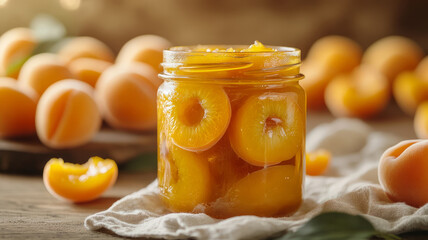 Jar of preserved apricots with fresh apricots around it.