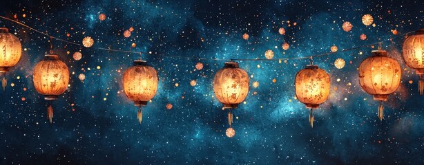 Naklejka premium Happy New Year Celebration Background Concept. A serene night sky filled with glowing lanterns illuminating the darkness and creating a magical atmosphere