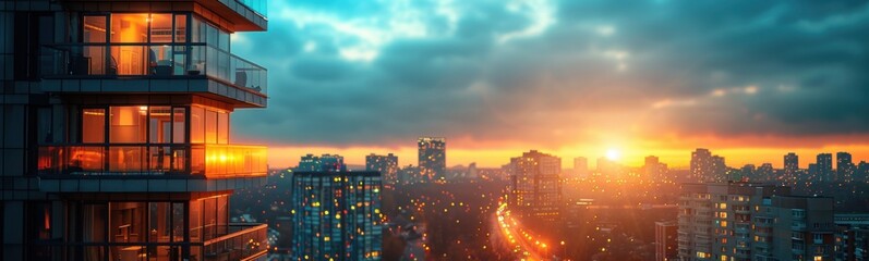 Fototapeta premium Buildings in a city at sunset with a view of the city, real estate, banner, copy space