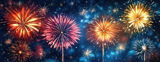 Fototapeta premium Happy New Year Celebration Background Concept. A vibrant display of fireworks lighting up the night sky featuring an array of colors and patterns against a deep blue backdrop
