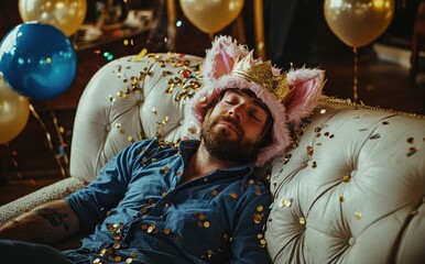 Obraz premium A humorous scene of a sleeping man with a pig head hat and crown at a festive party covered in confetti