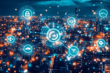 Obraz premium Futuristic cityscape with glowing digital connections, representing global technology and network communication at night.