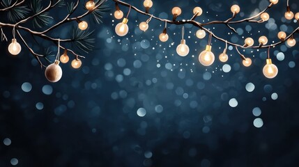 Happy New Year Celebration Background Concept. Softly glowing lights hang from branches against a dark bokeh-like background creating a serene and magical atmosphere