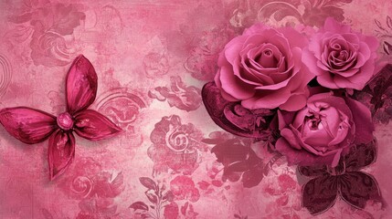 Pink Roses and Butterflies on Textured Background