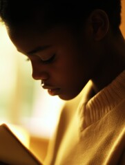 A young person reading quietly, immersed in thought and reflection.