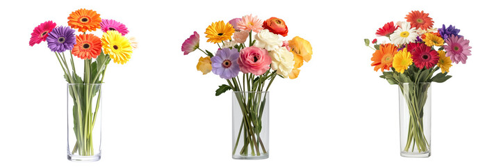 A transparent glass vase filled with fresh flowers isolated on transparent background