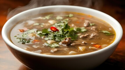 Bowl of Pho Bo soup with beef, garnished with fresh herbs and chili peppers, with steam rising from the aromatic broth. --chaos