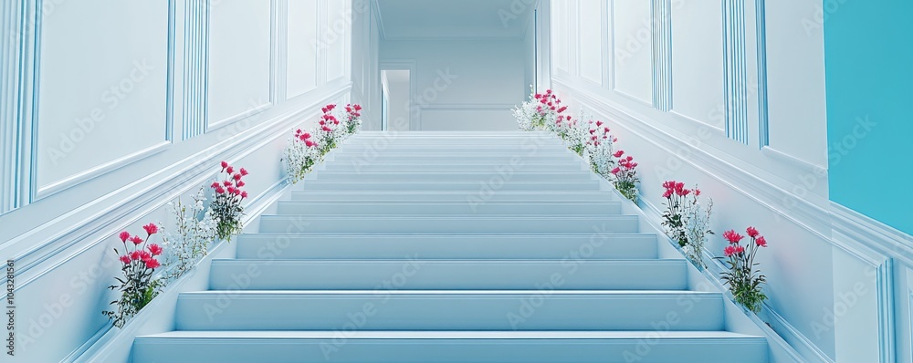 Poster A serene staircase adorned with flowers, leading to a bright, inviting space.