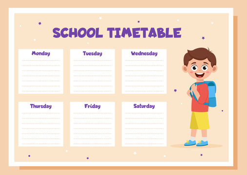 School timetable, lesson schedule and organizer template. Study weekly planner with schoolboy.