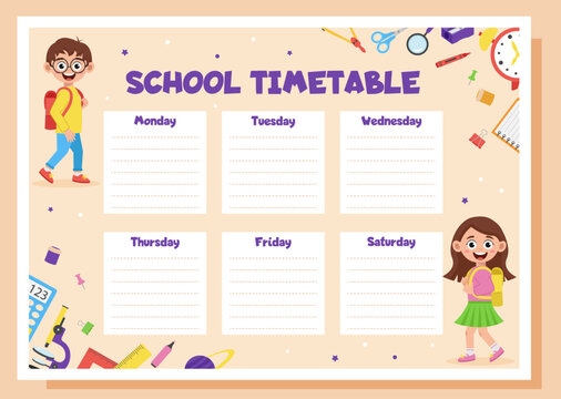 School timetable, lesson schedule and organizer template. Study weekly planner with school supplies and schoolchildren.